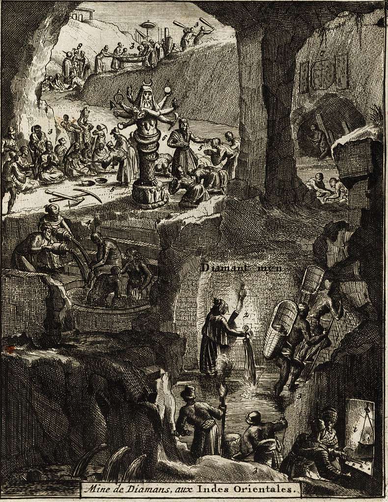 Ancient etching depicting mining in the Golconda mines of India