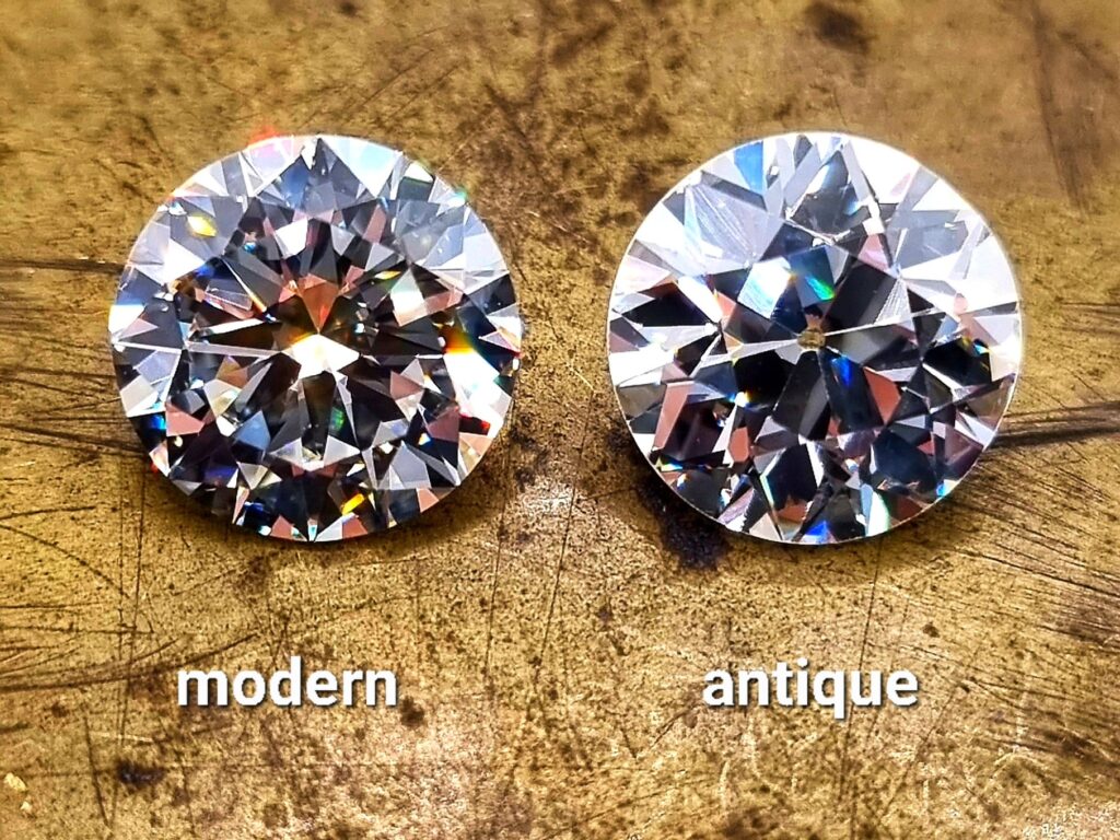 A side by side comparison of a modern round brilliant diamond next to an old European cut diamond on a golden metallic background