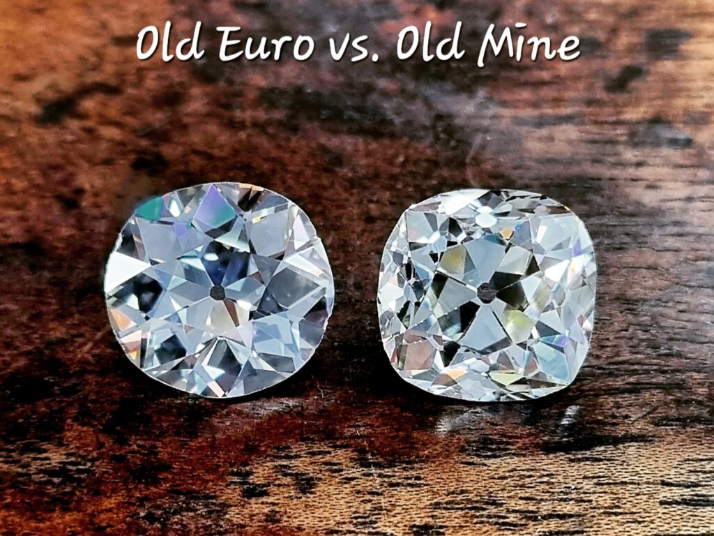 an old european cut diamond next to an old mine cut diamond on a wooden background